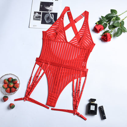 Mesh Stripes Garter Jumpsuit Sexy Suit