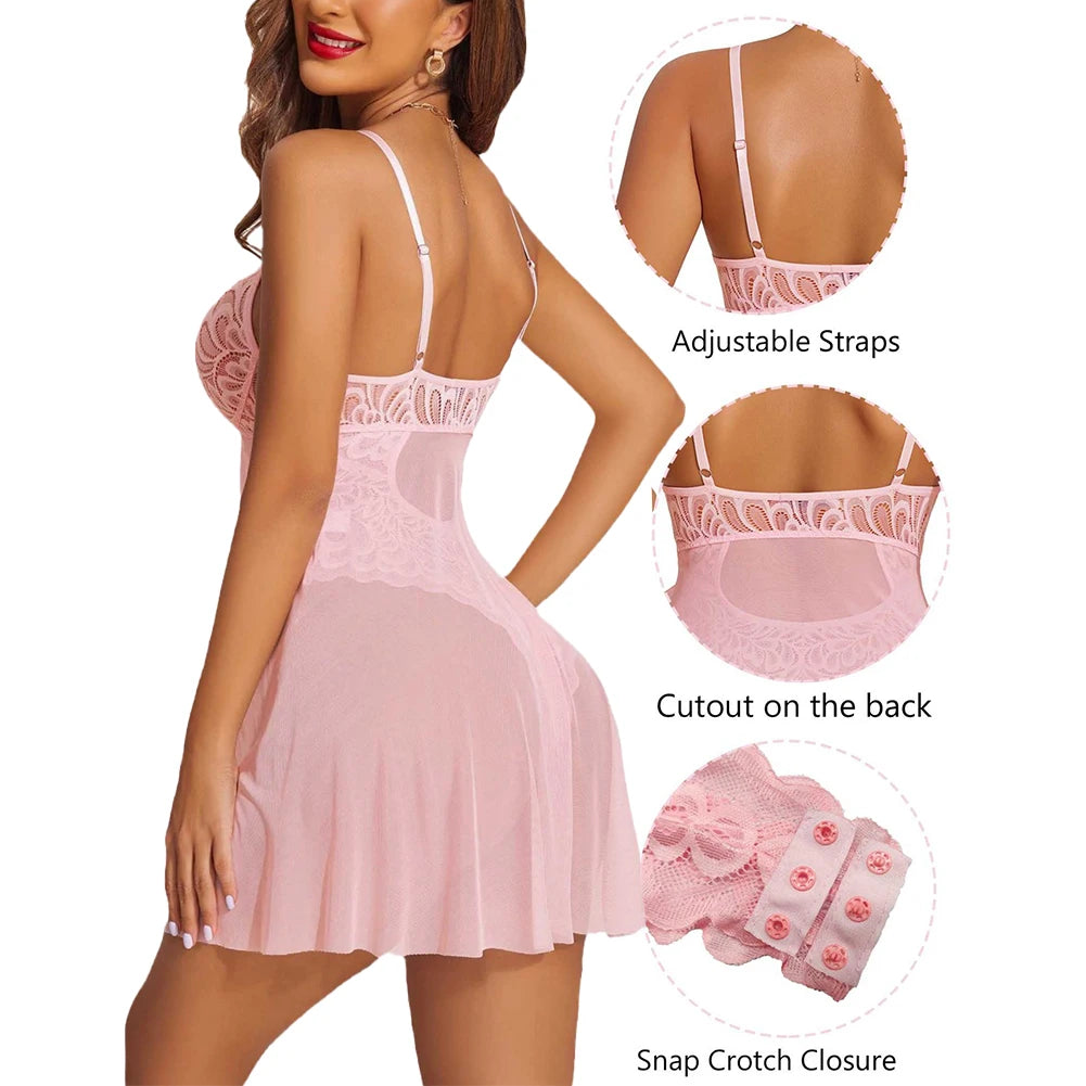 Ultrathin Perspective Suspenders Lace Nightdress