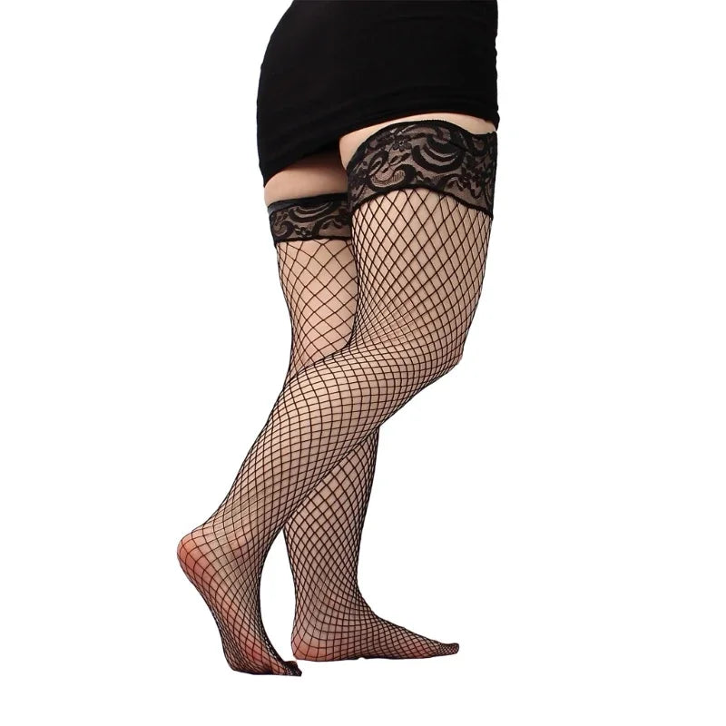 Plus size Elastic Hollow Out Fishnet Thigh High Stockings