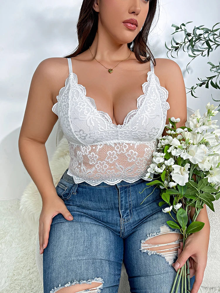 Plus Size Lace Floral Embroidery Longline Vest Feminino