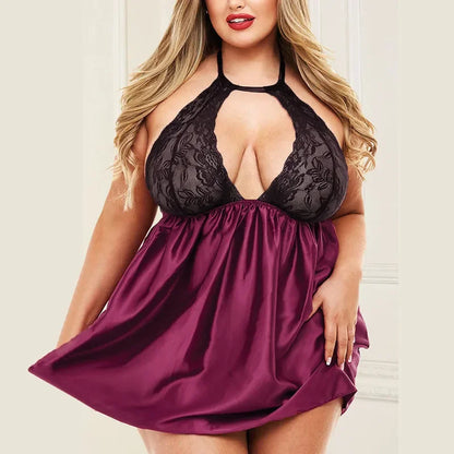 Robe licou en dentelle grande taille, pyjama transparent ajouré