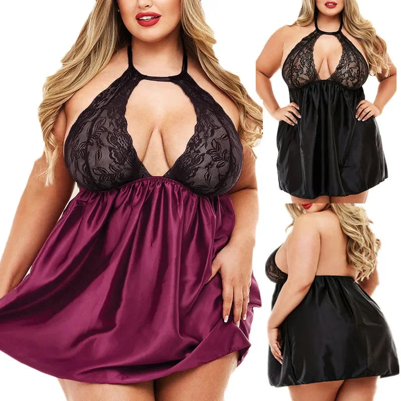 Robe licou en dentelle grande taille, pyjama transparent ajouré