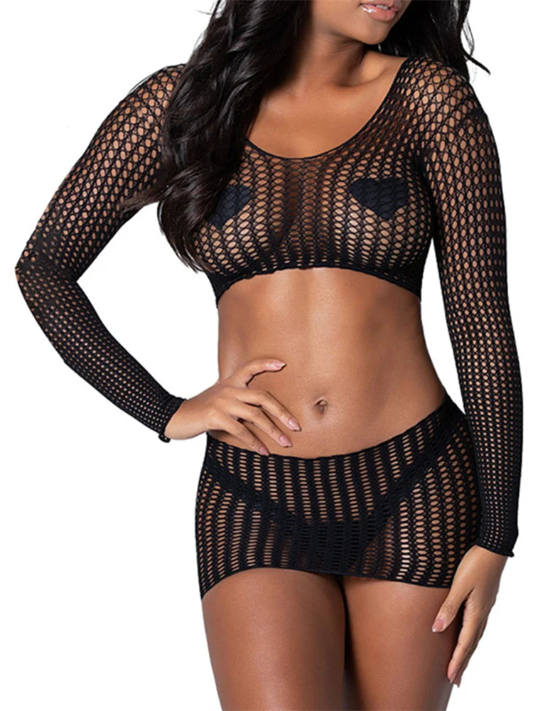 Long Sleeves Solid Sexy Slim Crop Fishnet Chemises