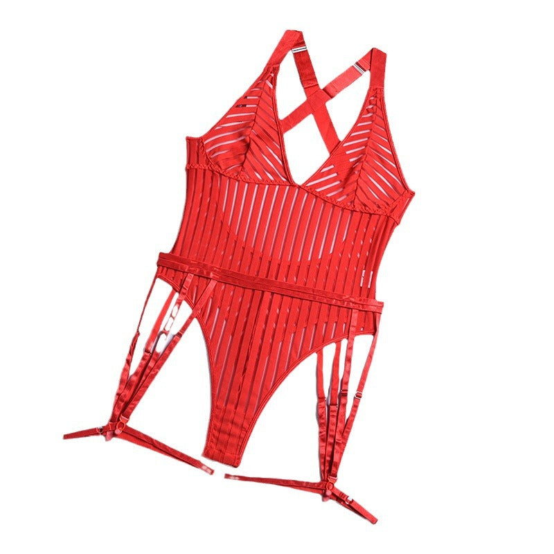 Mesh Stripes Garter Jumpsuit Sexy Suit