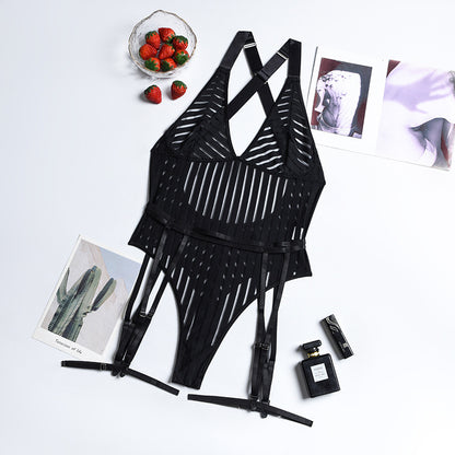 Mesh Stripes Garter Jumpsuit Sexy Suit